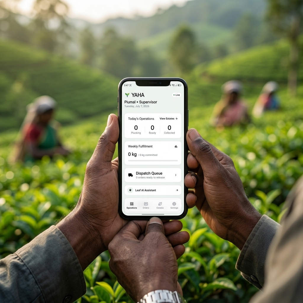 Sri Lankan tea farmer holding a smartphone displaying the PLANet-ZERO app dashboard